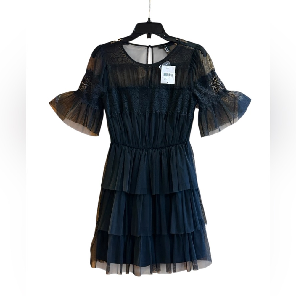 Black Tiered Tulle Milkmaid Mesh S Mini Party Witchy Lace Dress Fairy Sheer NWT